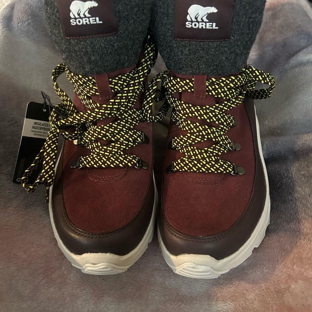 Sorel Maroon and Yellow Lace-Up Boots